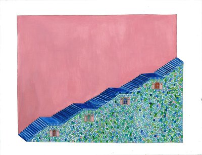 Escalier bleu sur fond rose - 60x50cm 800
